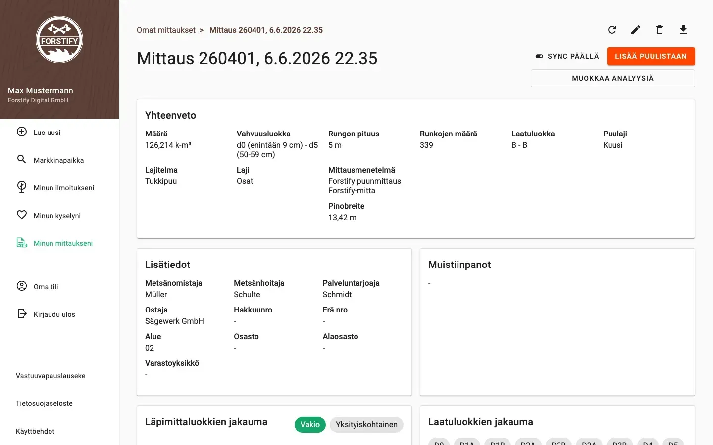 Measurement detail with delivery status and linked documents in Forstify