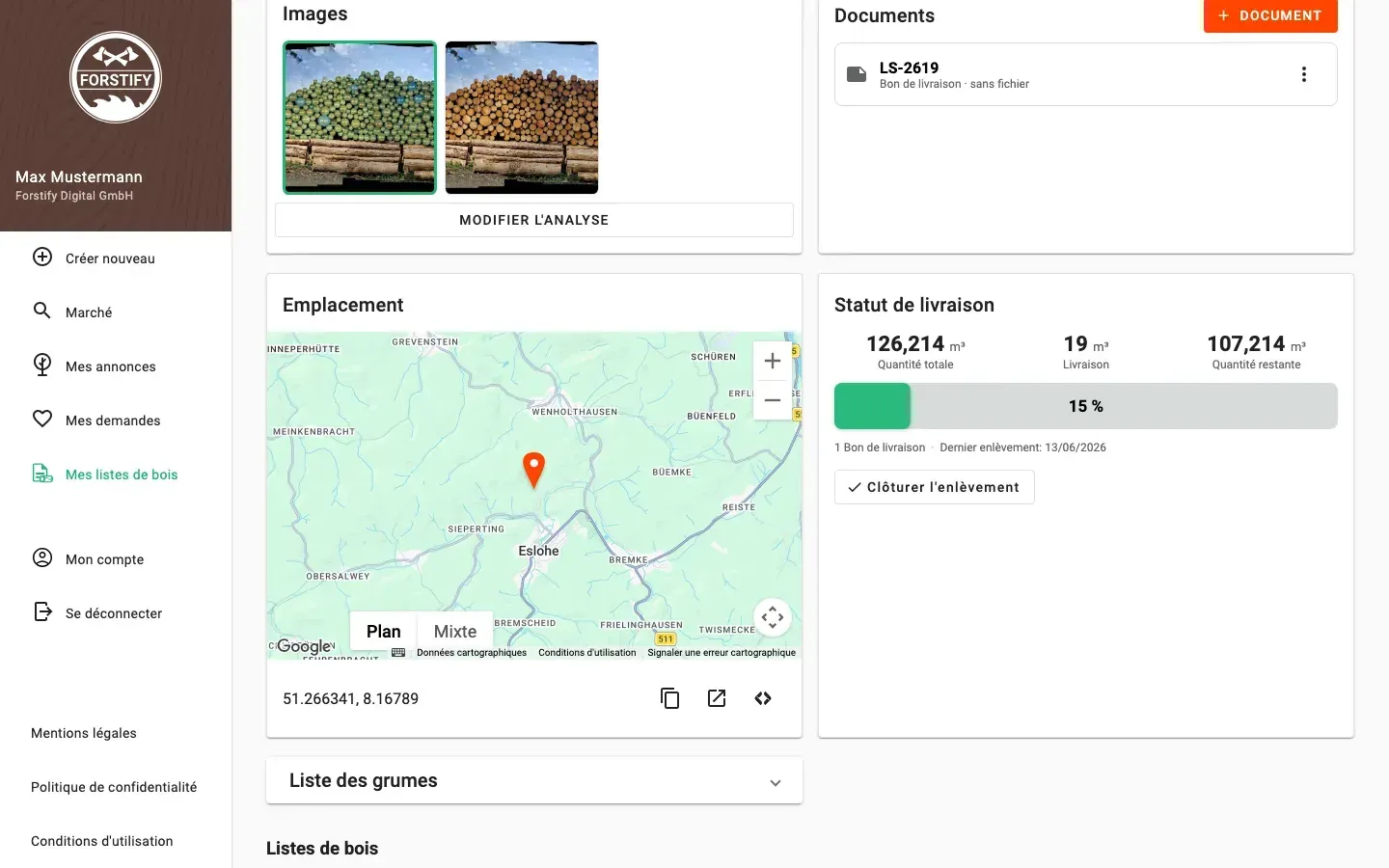 Measurement detail with delivery status and linked documents in Forstify