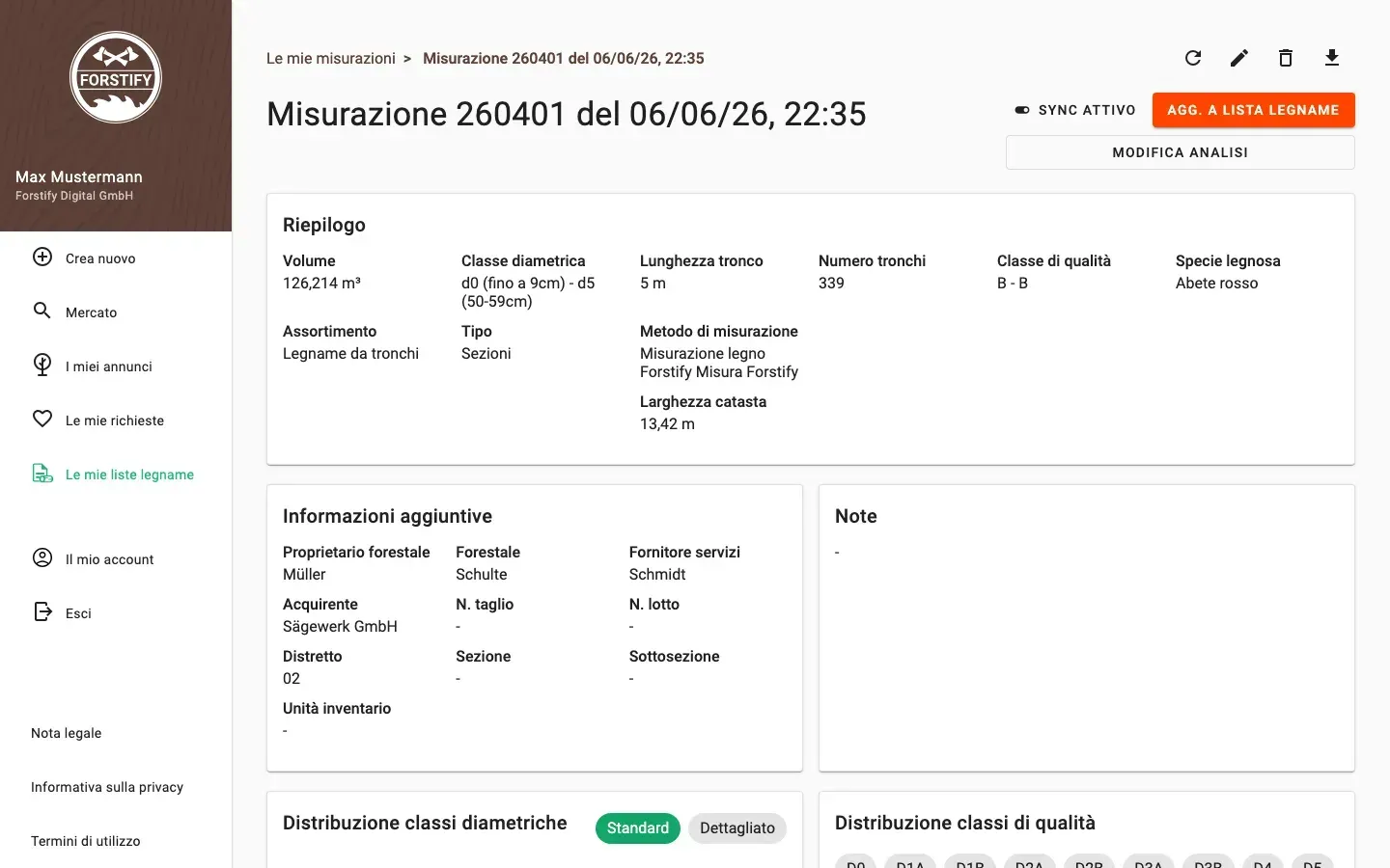 Measurement detail with delivery status and linked documents in Forstify