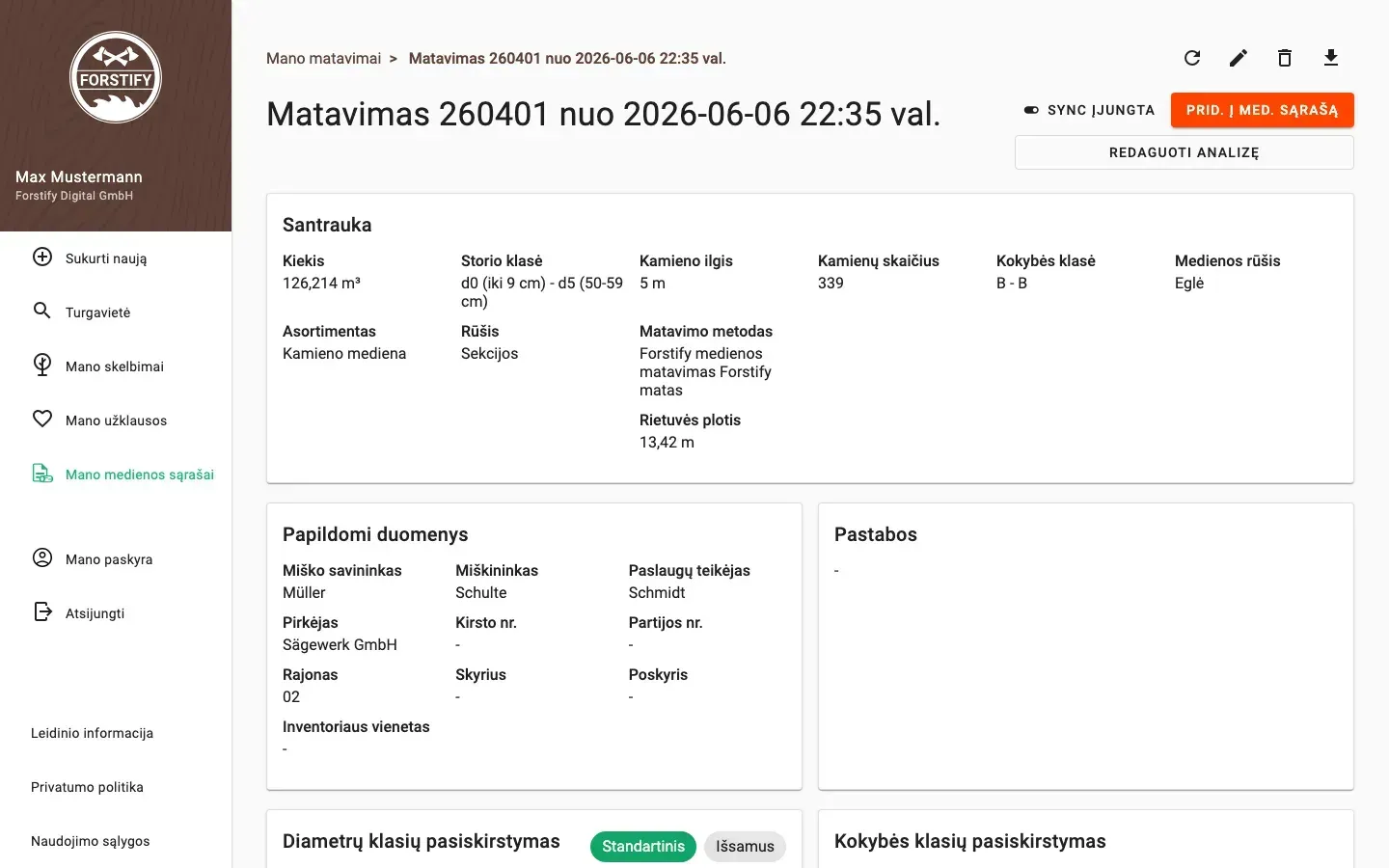 Measurement detail with delivery status and linked documents in Forstify