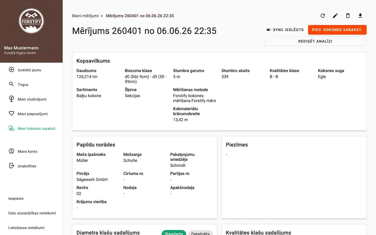 Measurement detail with delivery status and linked documents in Forstify