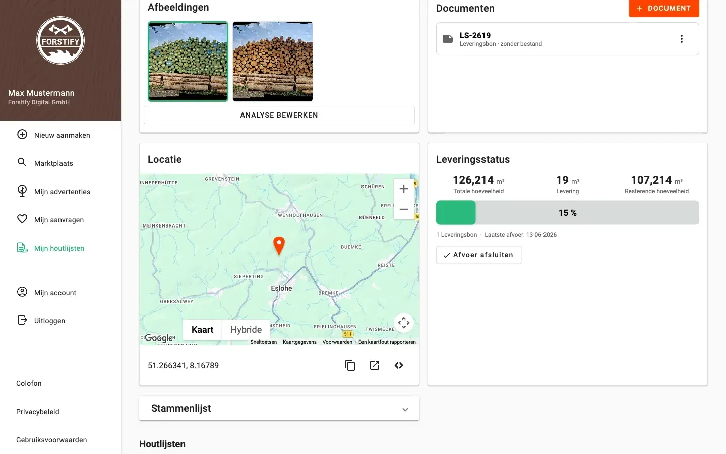 Measurement detail with delivery status and linked documents in Forstify