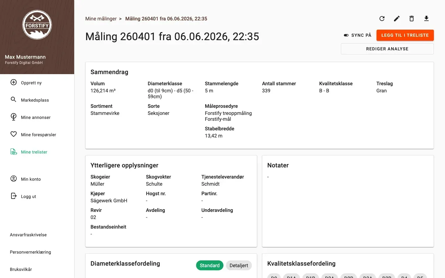 Measurement detail with delivery status and linked documents in Forstify