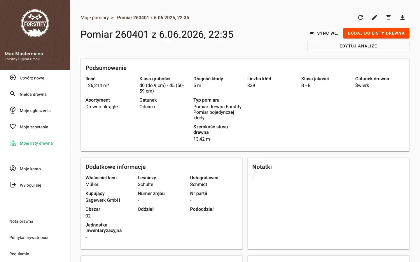 Measurement detail with delivery status and linked documents in Forstify