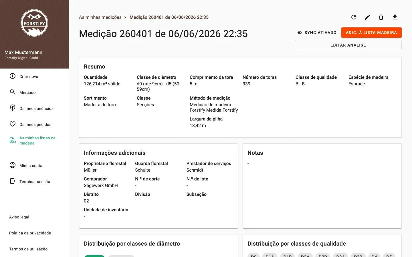 Measurement detail with delivery status and linked documents in Forstify