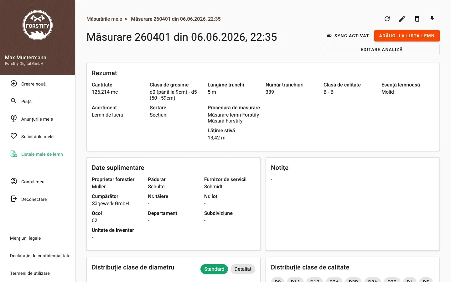 Measurement detail with delivery status and linked documents in Forstify
