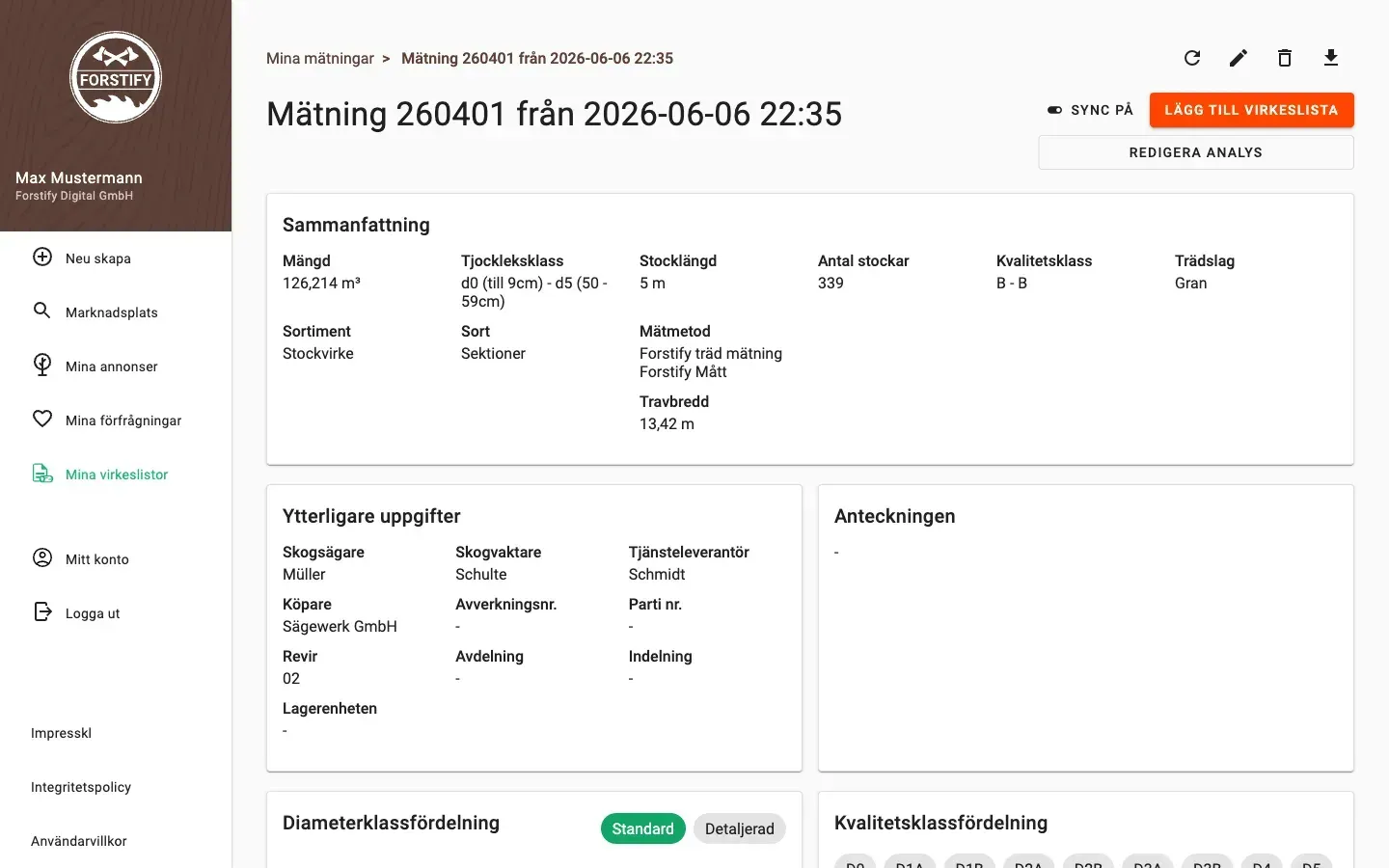 Measurement detail with delivery status and linked documents in Forstify