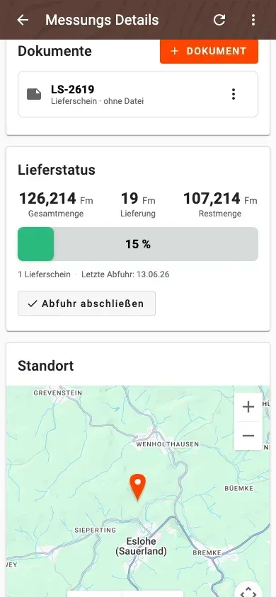 Messungsdetail mit Lieferstatus und verknüpften Dokumenten in Forstify