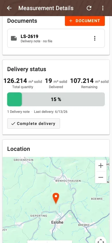 Measurement detail with delivery status and linked documents in Forstify