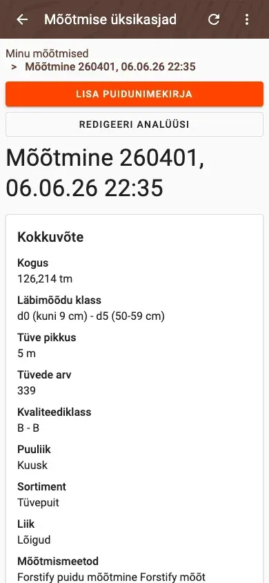 Measurement detail with delivery status and linked documents in Forstify