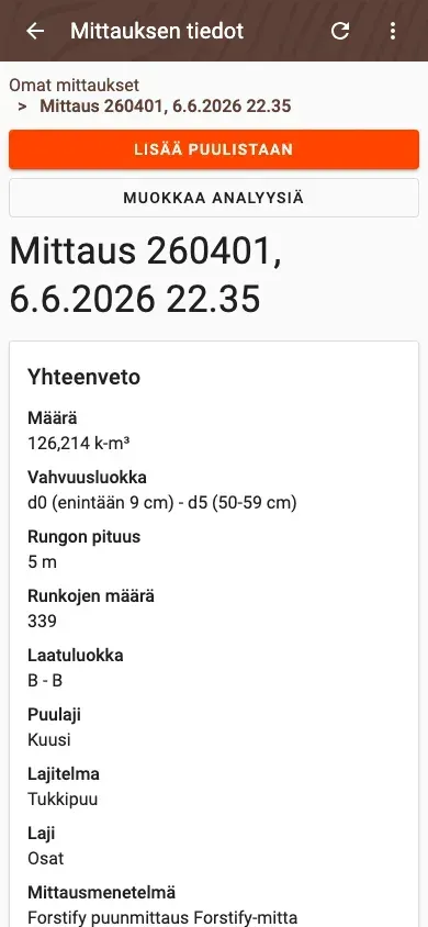 Measurement detail with delivery status and linked documents in Forstify