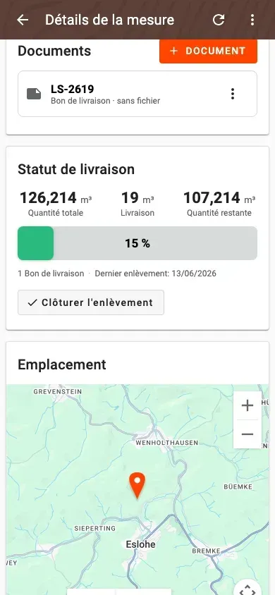 Measurement detail with delivery status and linked documents in Forstify