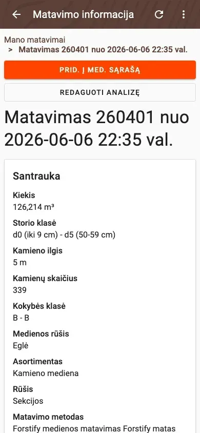Measurement detail with delivery status and linked documents in Forstify