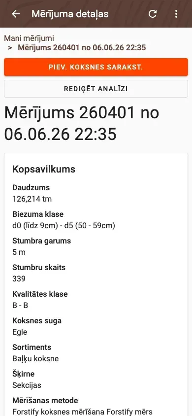 Measurement detail with delivery status and linked documents in Forstify