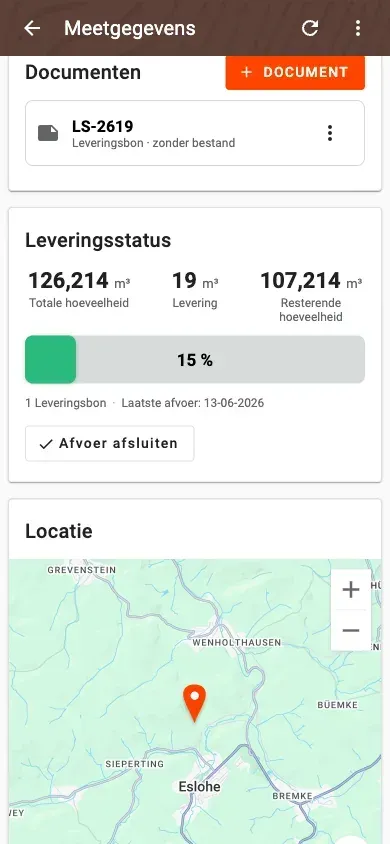 Measurement detail with delivery status and linked documents in Forstify