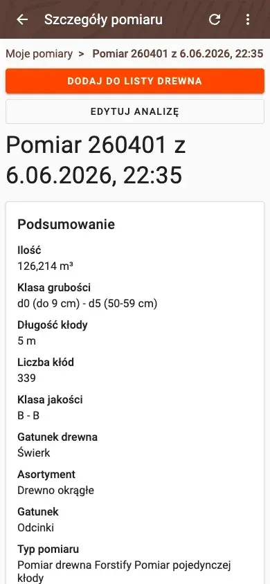 Measurement detail with delivery status and linked documents in Forstify