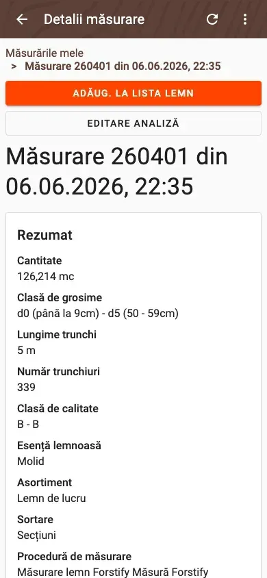 Measurement detail with delivery status and linked documents in Forstify