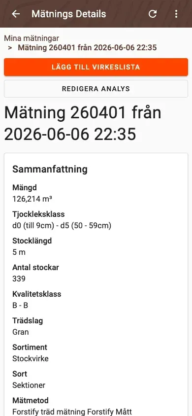 Measurement detail with delivery status and linked documents in Forstify