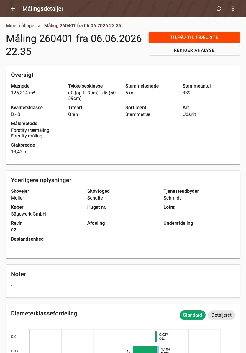 Measurement detail with delivery status and linked documents in Forstify