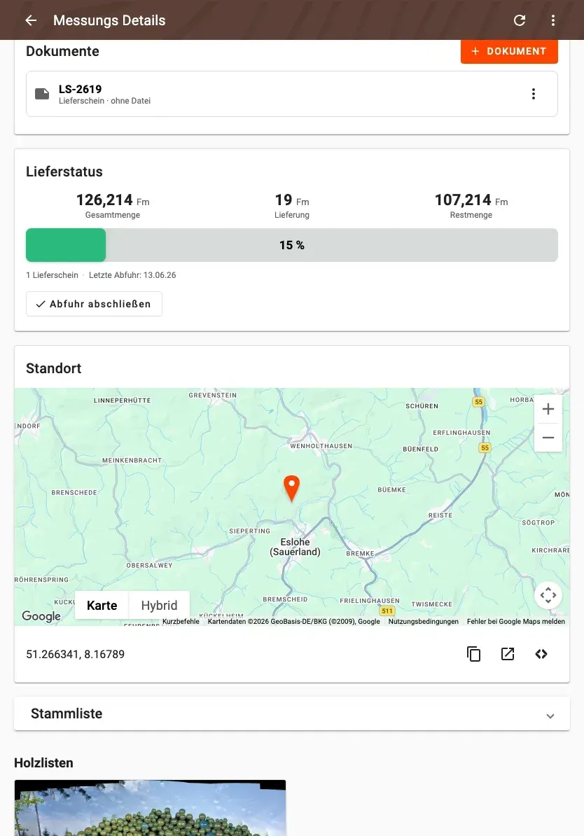 Messungsdetail mit Lieferstatus und verknüpften Dokumenten in Forstify