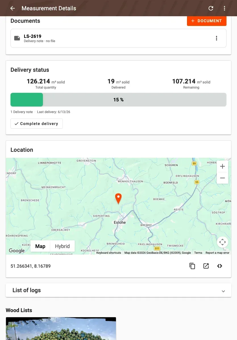 Measurement detail with delivery status and linked documents in Forstify
