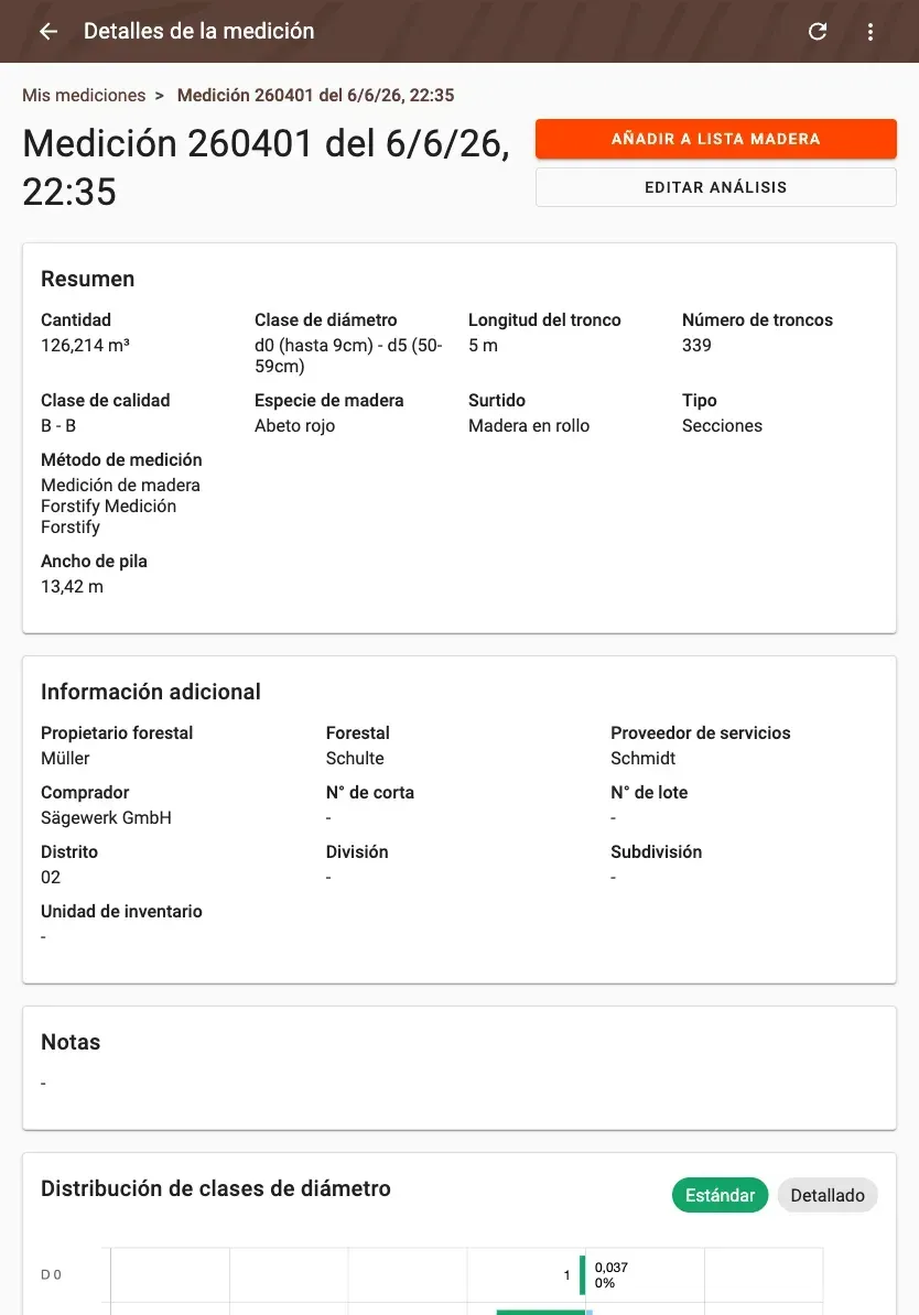 Measurement detail with delivery status and linked documents in Forstify