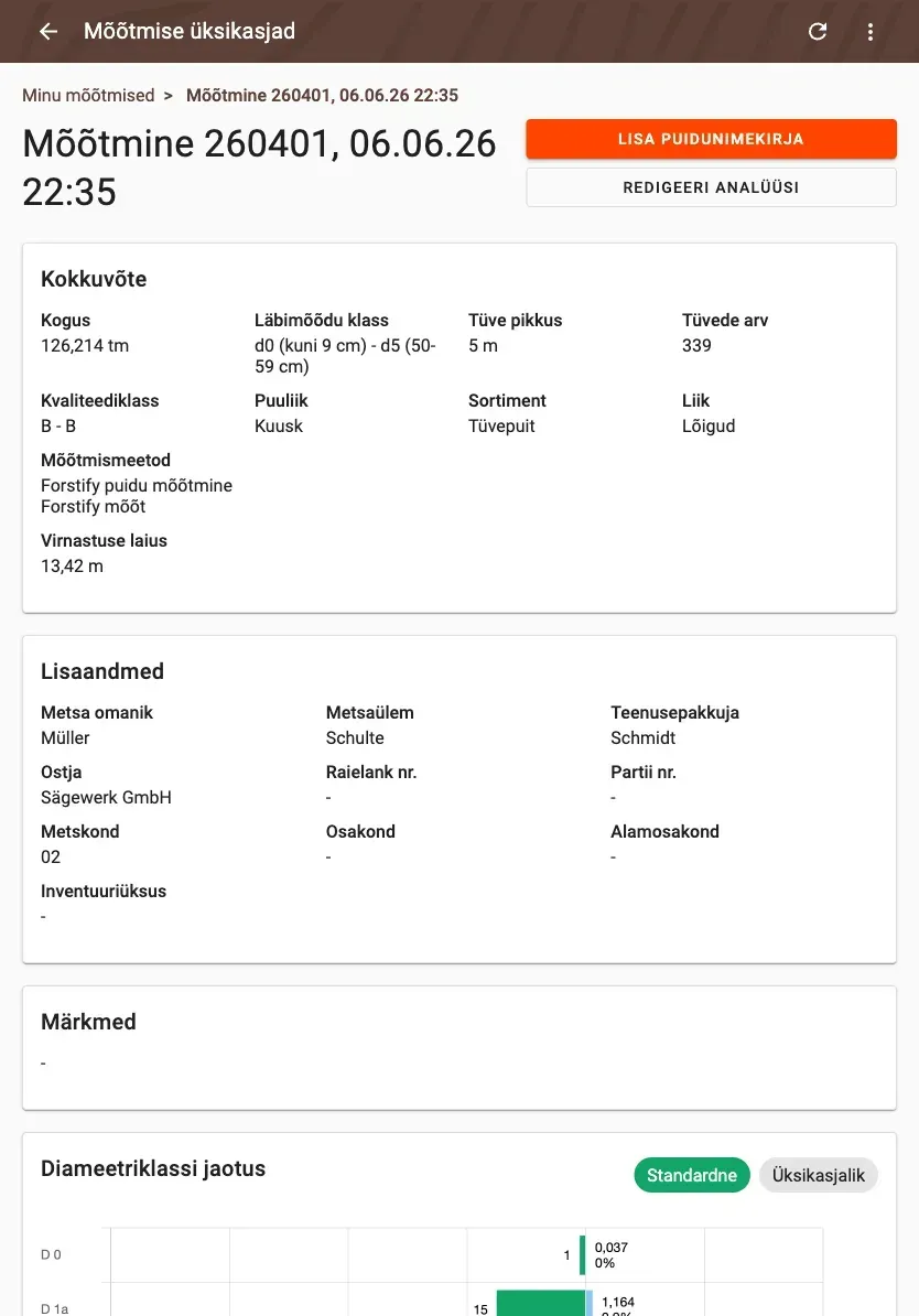 Measurement detail with delivery status and linked documents in Forstify