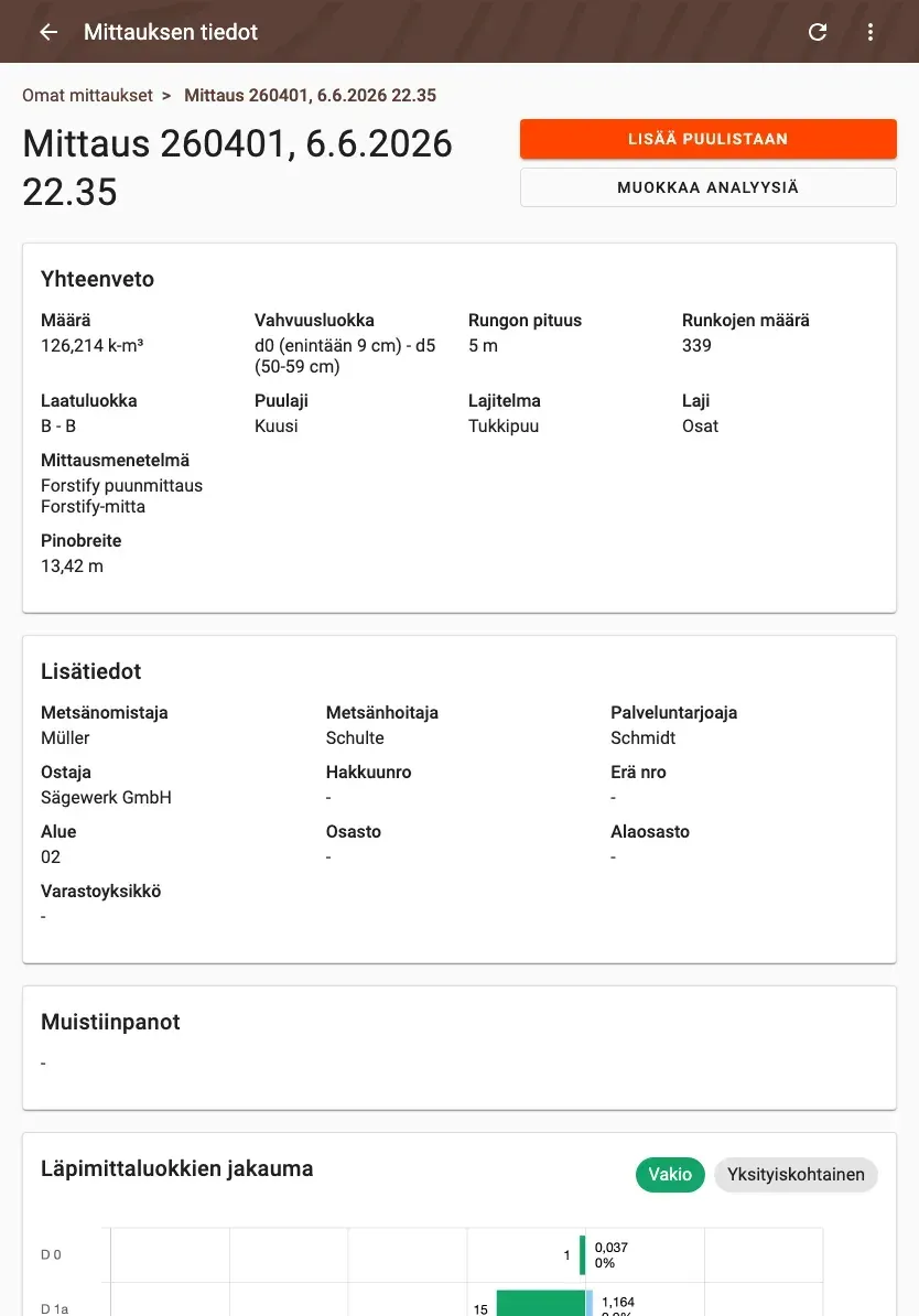 Measurement detail with delivery status and linked documents in Forstify