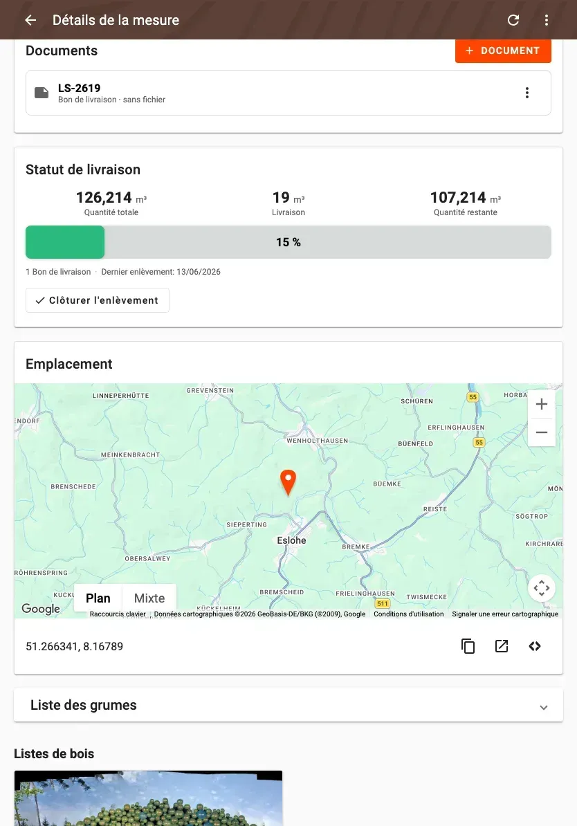Measurement detail with delivery status and linked documents in Forstify