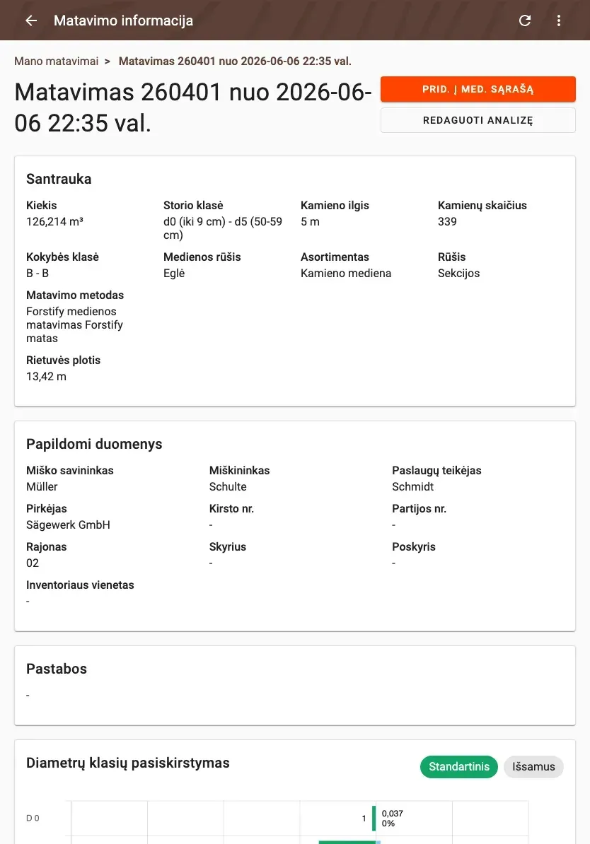 Measurement detail with delivery status and linked documents in Forstify