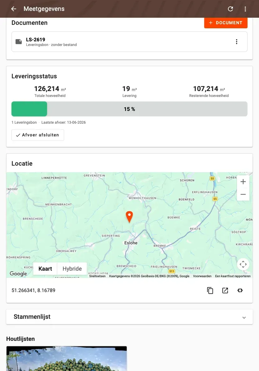 Measurement detail with delivery status and linked documents in Forstify