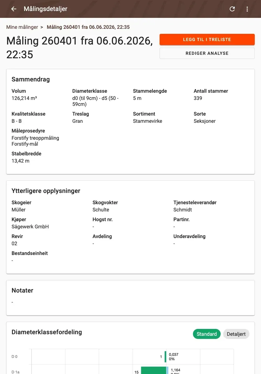 Measurement detail with delivery status and linked documents in Forstify