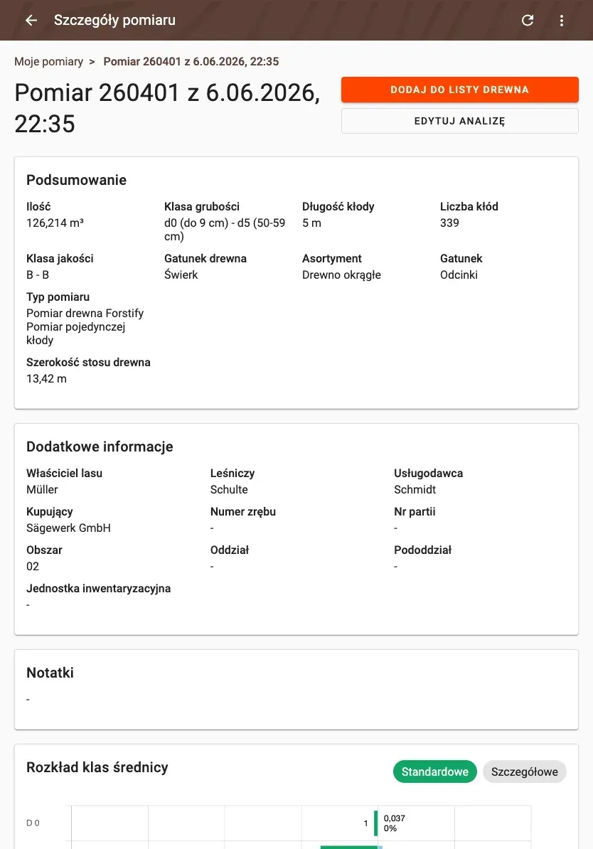 Measurement detail with delivery status and linked documents in Forstify