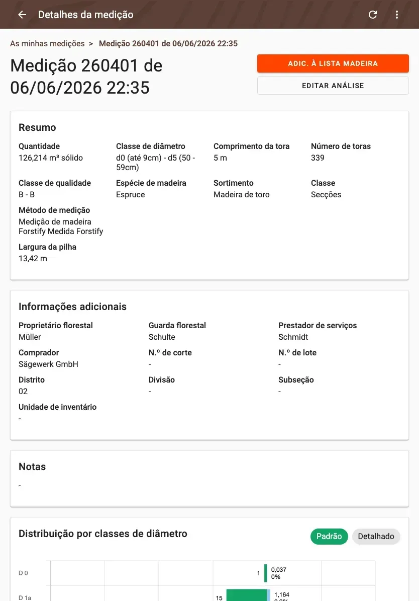 Measurement detail with delivery status and linked documents in Forstify