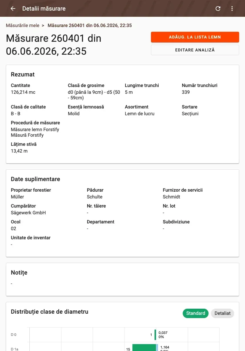 Measurement detail with delivery status and linked documents in Forstify