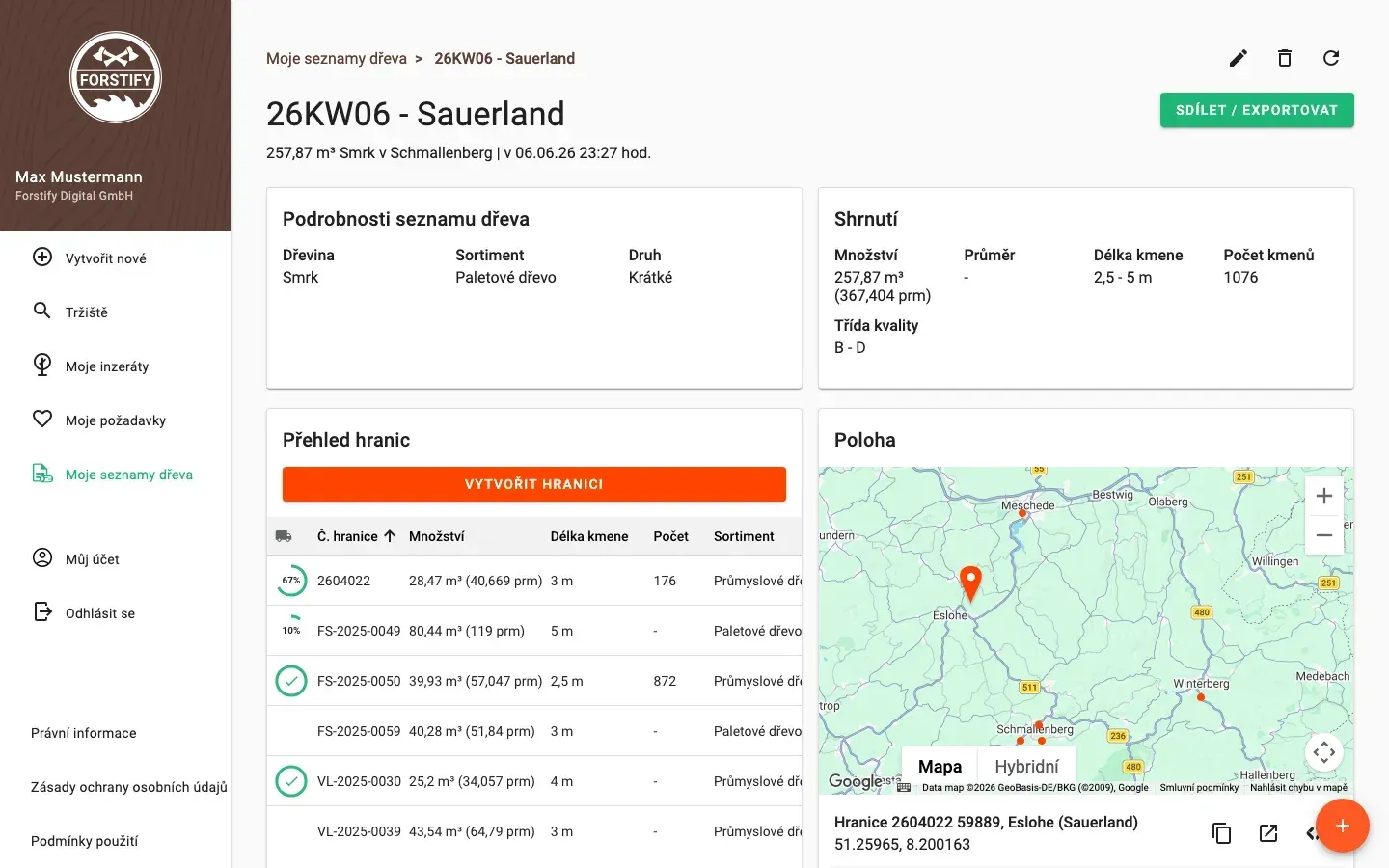 Wood-list detail with summary and pile overview
