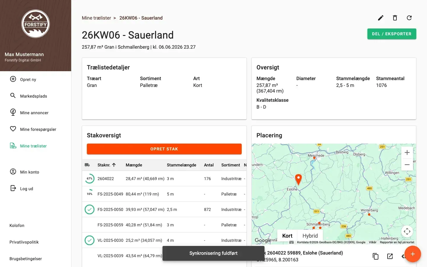 Wood-list detail with summary and pile overview