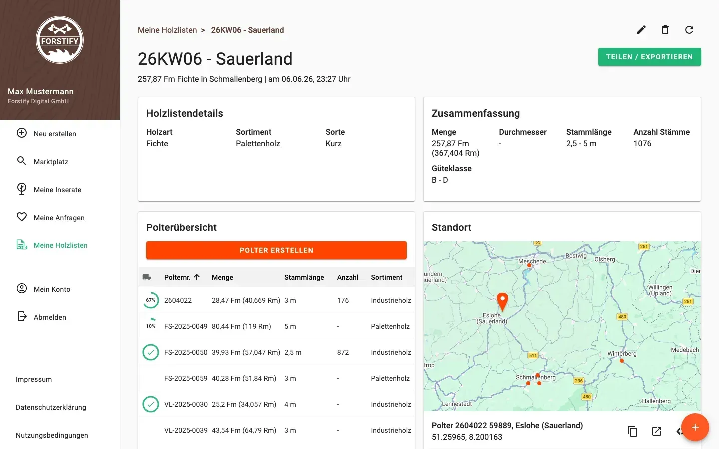 Holzlistendetail mit Zusammenfassung und Polterübersicht