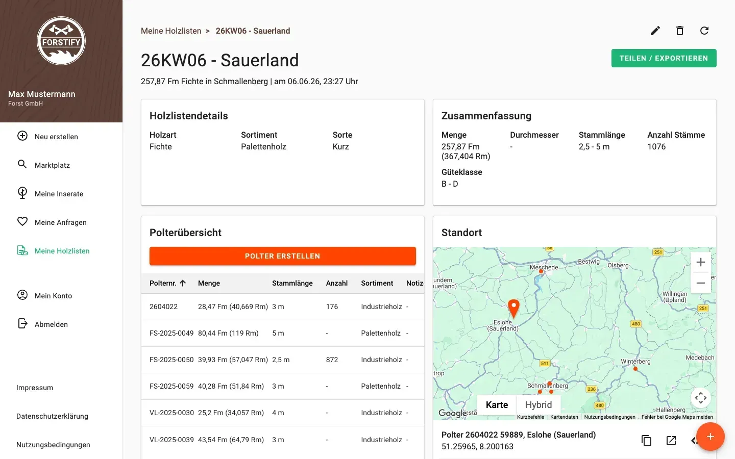 Wood-list detail with summary and pile overview