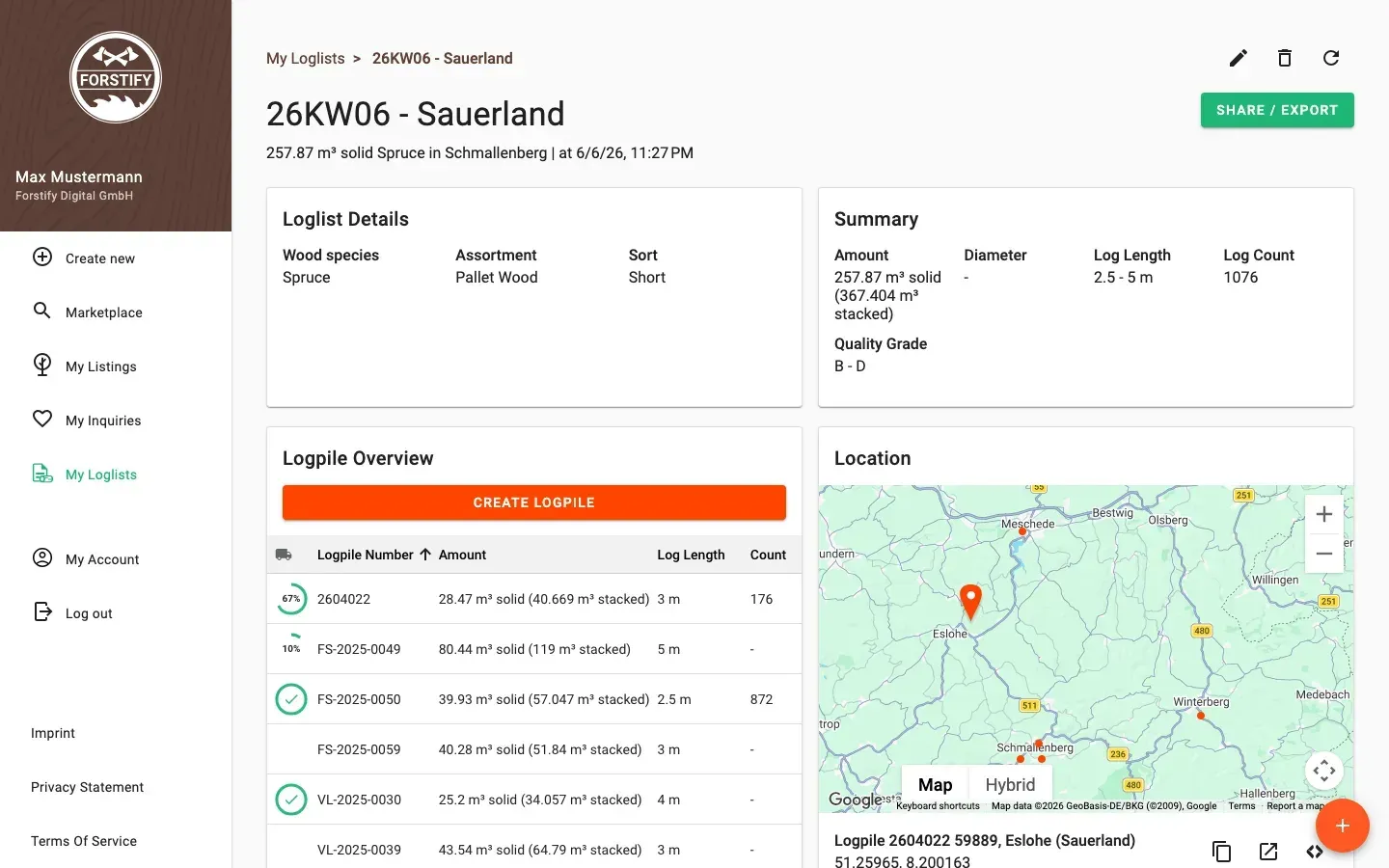 Wood-list detail with summary and pile overview