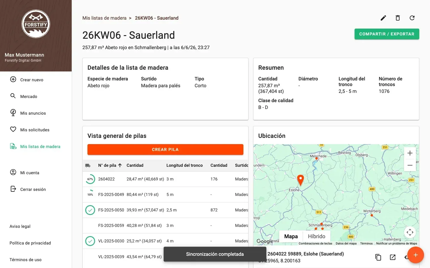 Wood-list detail with summary and pile overview