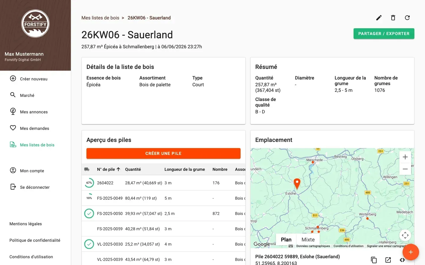 Wood-list detail with summary and pile overview