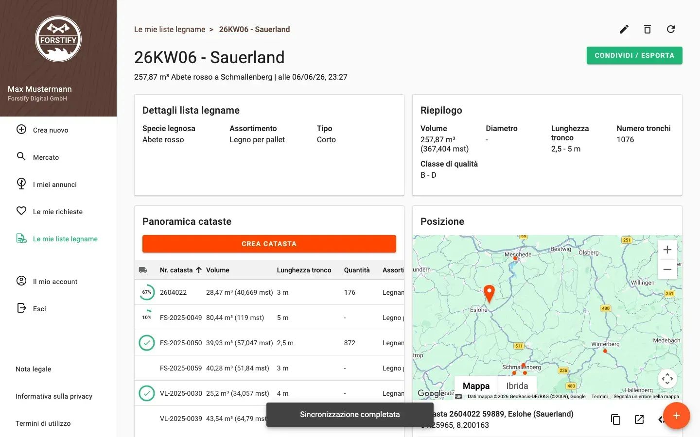 Wood-list detail with summary and pile overview