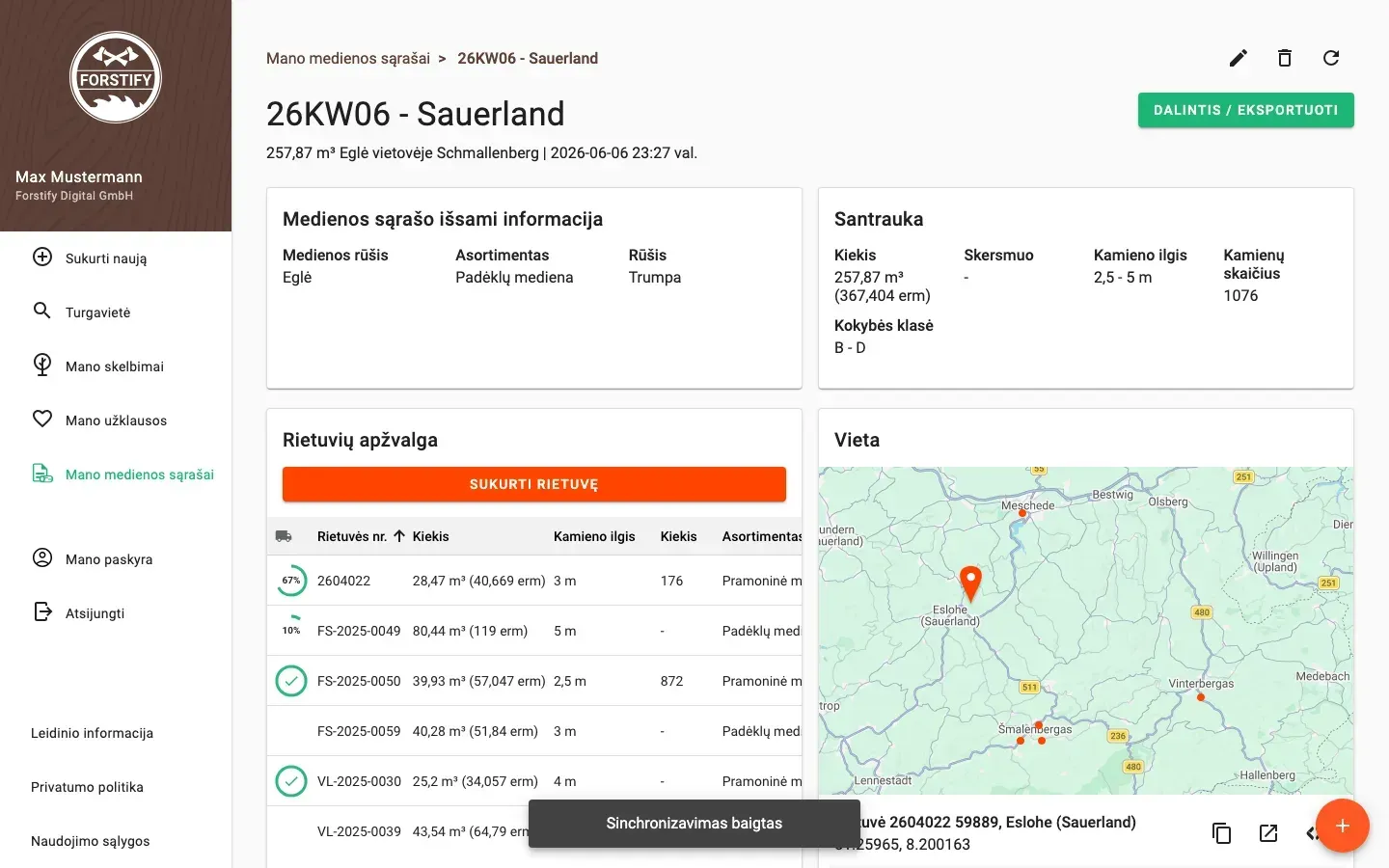Wood-list detail with summary and pile overview