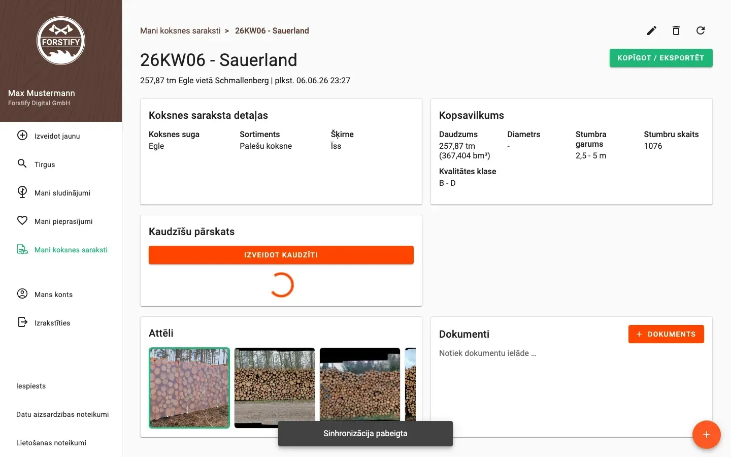 Wood-list detail with summary and pile overview