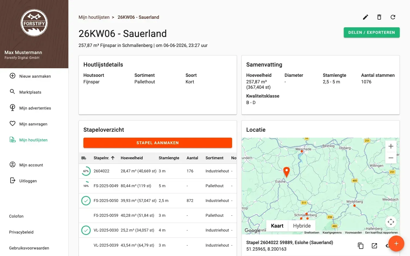 Wood-list detail with summary and pile overview