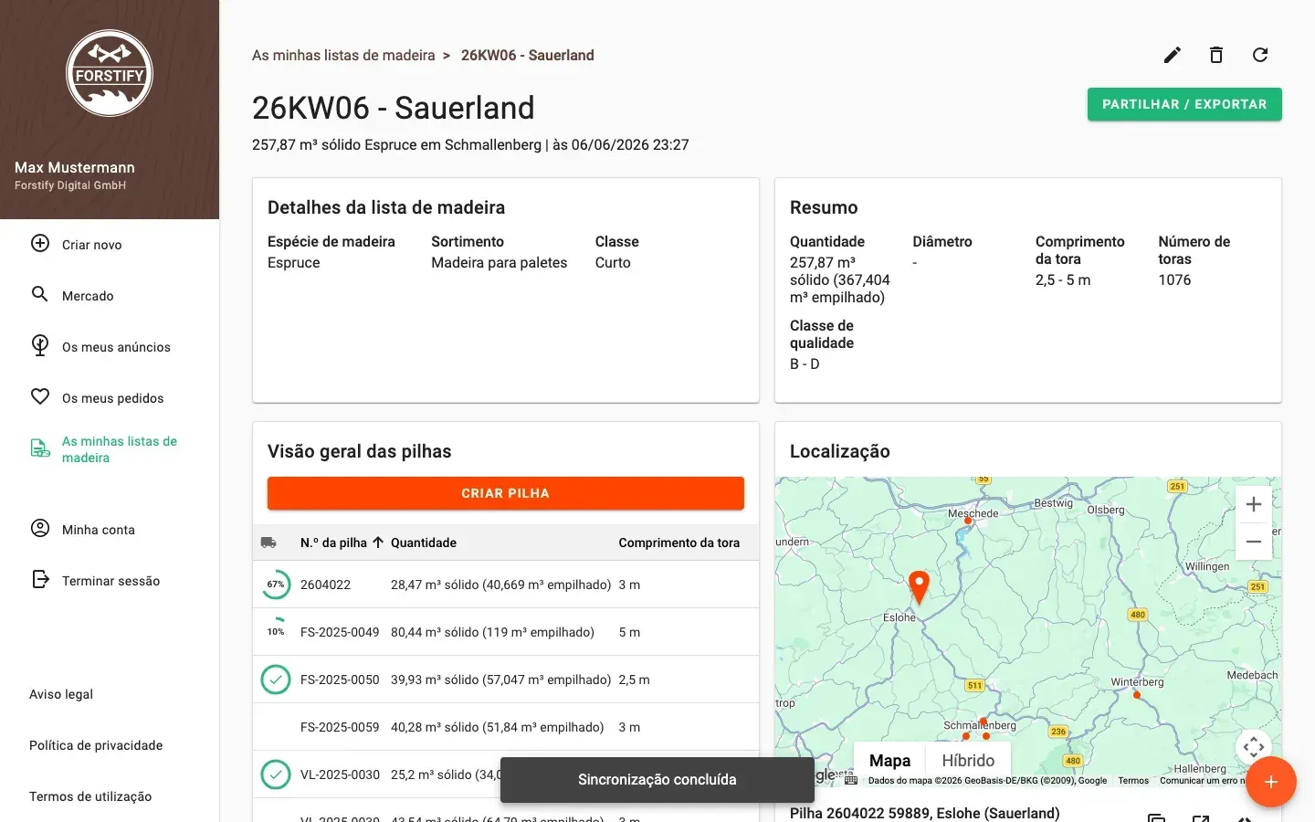 Wood-list detail with summary and pile overview