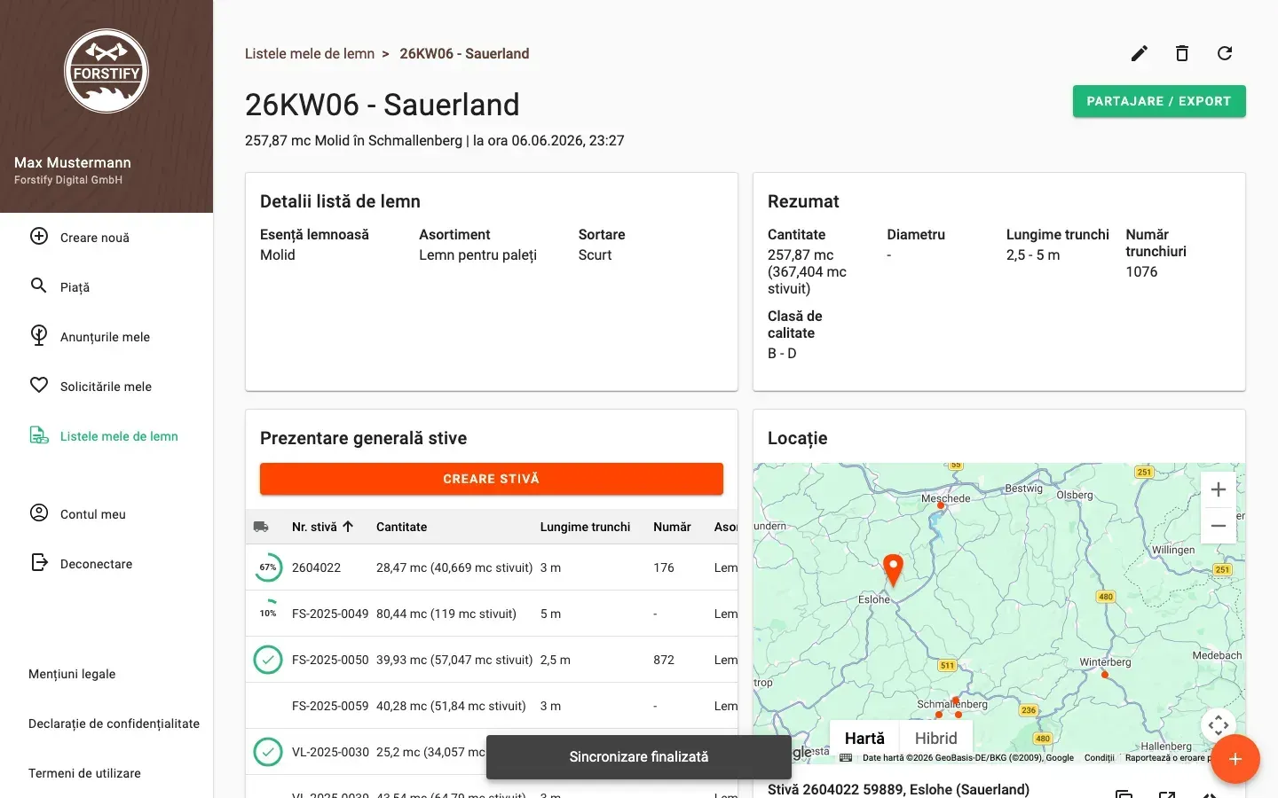 Wood-list detail with summary and pile overview