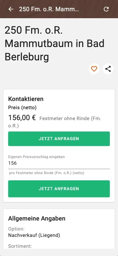Angebotsdetail mit Preis, Qualität und Preisvorschlag