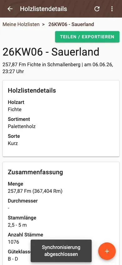 Holzlistendetail mit Zusammenfassung und Polterübersicht